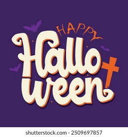 Happy Halloween typography vector illustration with bats silhouette. Trick or treat poster, banner greeting card, template design. Halloween lettering logo, sticker, label for October holiday