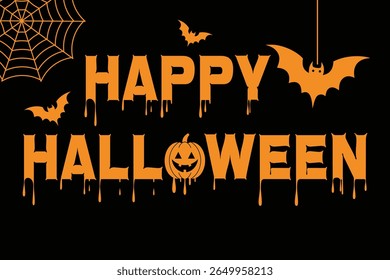 Feliz halloween tipografia vetor ilustração com morcegos e teia de aranha no fundo preto