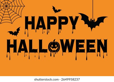 Feliz halloween tipografia vetor ilustração com morcegos e teia de aranha no fundo laranja