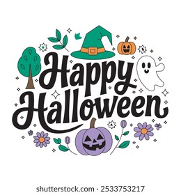 Tipografía feliz de Halloween con el sombrero de la bruja y el murciélago volador, Arte vectorial de Halloween con el sombrero de la bruja, el murciélago, y el palo de escoba