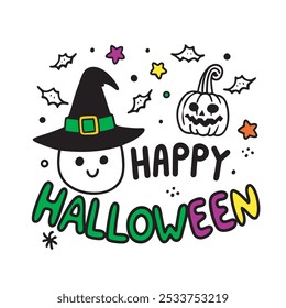 Happy Halloween Typography with Witch Hat and Flying Bat, Halloween Vector Art with Witch Hat, Bat, and Broomstick