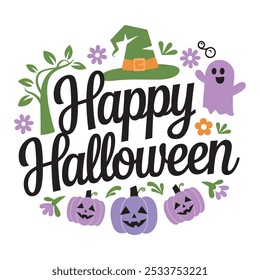 Happy Halloween Typography with Witch Hat and Flying Bat, Halloween Vector Art with Witch Hat, Bat, and Broomstick