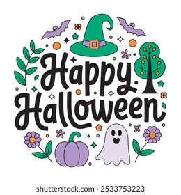 Tipografía feliz de Halloween con el sombrero de la bruja y el murciélago volador, Arte vectorial de Halloween con el sombrero de la bruja, el murciélago, y el palo de escoba