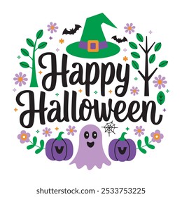 Happy Halloween Typography with Witch Hat and Flying Bat, Halloween Vector Art with Witch Hat, Bat, and Broomstick