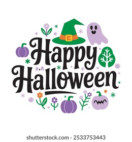 Tipografía feliz de Halloween con el sombrero de la bruja y el murciélago volador, Arte vectorial de Halloween con el sombrero de la bruja, el murciélago, y el palo de escoba