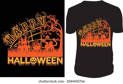 Happy Halloween unique custom stylish t-shirt Design with house trees cat pumpkin grass silhouettes, typography, print, vector illustration.