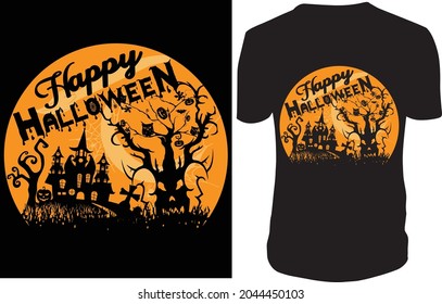 Happy Halloween Unique Custom t-shirt Design with house trees pumpkin grass owl silhouettes, typography, print, illustration. 