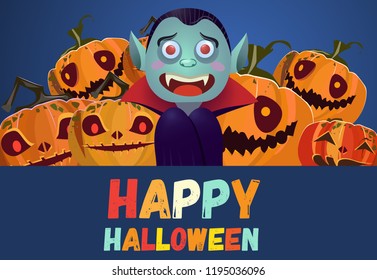 Happy Halloween vampire banner design. Creative multicolored lettering with cartoon characters of vampire and pumpkins on dark blue background. Can be used for invitations, presentations.