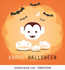 Happy Halloween, vampire bat pumpkin, card vector illustration on orange background