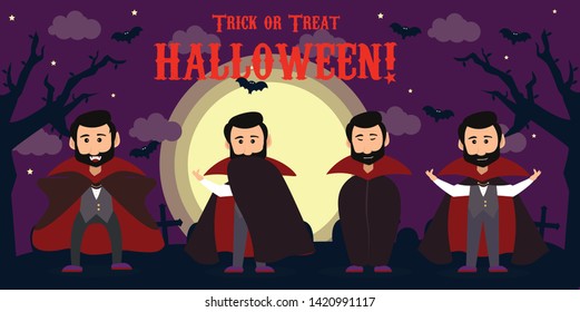 Happy Halloween. Vampire cartoon character wearing black and red cape, set of four poses.with background hallloween Vector illustration 