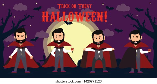 Happy Halloween. Vampire cartoon character wearing black and red cape, set of four poses.with background hallloween Vector illustration 