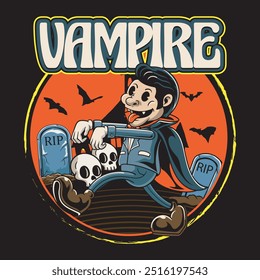 Vampiro feliz de Halloween en el cementerio del castillo con el murciélago para la insignia y la etiqueta engomada, Anuncio, parche, tarjeta de felicitación, camiseta y Vector de invitación ilustración de dibujos animados retro