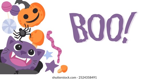 Happy halloween vampire cat vector banner design. Trick or treat greeting card with festive decoration elements in white background. Cute creepy boo invitation.