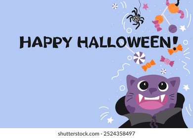 Happy halloween vampire cat vector banner design. Trick or treat greeting card with festive decoration elements in blue background. Cute creepy boo invitation.