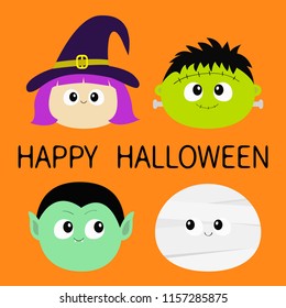 Happy Halloween. Vampire count Dracula,  Mummy, whitch hat, Frankenstein zombie round face head icon set. Cute cartoon funny spooky baby character. Greeting card. Flat design Orange background Vector 