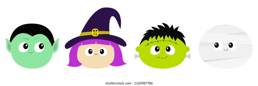 Happy Halloween. Vampire count Dracula, Mummy, whitch hat, zombie round face head icon set. Cute cartoon funny spooky baby character. Greeting card. Flat design White background. Vector illustration