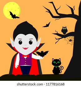 Happy Halloween. Vampire Dracula cartoon holds a bat in his hand. Black cat, owl, tree, spider, full moon at night, sweets, volatile vampires. Vector, flat style, cartoon
