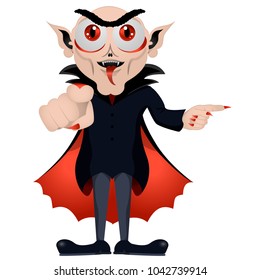 Happy Halloween. The vampire shows you the way. Dracula invites. Cute cartoon vampire character with big open mouth, tongue, fangs isolated on white background . Vector illustration.