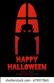 happy halloween with vampire silhouette on the window, black halloween party greeting, vector illustration