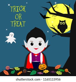 Happy Halloween. A vampire in the style of a cartoon stands next to a tree. Holds a pumpkin with sweets. Owl, ghost, full moon at night. Sweets and leaves, volatile vampires and stars. Vector, flat