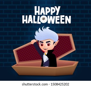 Happy halloween vampire vector design. Male vampire dracula with red eyes wearing cape while sitting inside the coffin with happy halloween greeting text in dark wall background. Vector illustration.