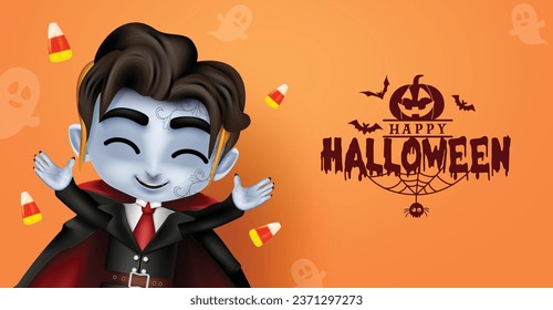 Happy halloween vampire vector design. Halloween vampire zombie cute handsome character for horror kids costume party celebration. Vector illustration greeting card in orange background. 
