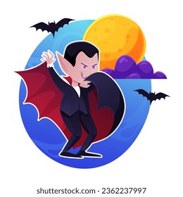 Happy Halloween. Vampire wearing black and red cape against the backdrop of the full moon. Cute character. Colorful vector illustration in cartoon style.