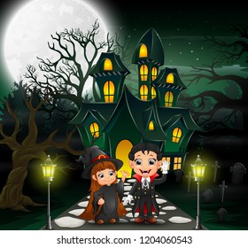Happy halloween vampire and witch in front of the haunted house with full moon background