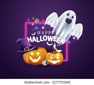 Happy Halloween Vector 3d Template, Banner for Promotion Design, Greeting cards for the holiday. Realistic pumpkins with a hat