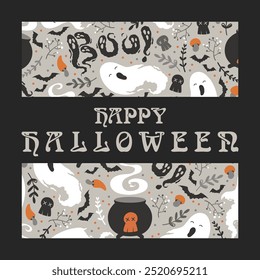 Happy Halloween vector art illustration with cute ghosts, witch cauldrons, bats, skulls pattern isolated on black background. Design for greeting card, poster, t-shirt print, invitation, banner