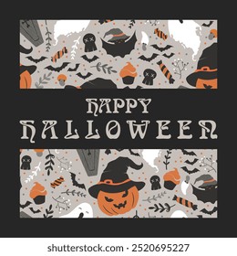 Happy Halloween vector art illustration with cute pumpkins in witch hat, ghost, sweets, bats, skulls pattern isolated on black background. Design for greeting card, poster, t-shirt print, banner