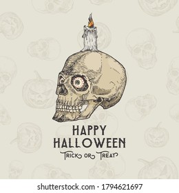 Happy Halloween Vector Background or Card Template. Hand Drawn Sideview Scull with Eyes and Candle Sketch Illustrations. Holiday Decorative Composition with Seamless Pumpkins Pattern. Isolated.