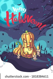 Felices antecedentes vectoriales de Halloween con calabaza de dibujos animados. Para imprimir a petición, presentaciones de powerpoint y keynote, anuncios y comerciales, revistas y periódicos, portadas de libros.