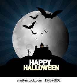 Happy Halloween Vector Background with Castle, Bats and Big Moon 