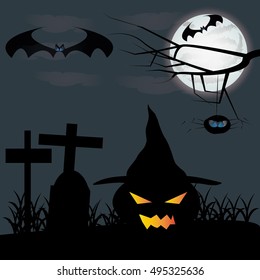 Happy Halloween vector background, castle night, full moon.