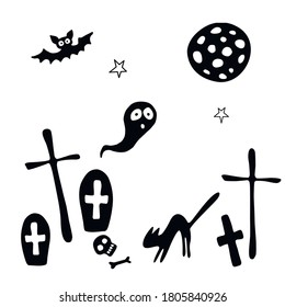Happy Halloween. Vector background of cemetery with graves, tombstones, crosses, bones, Ghost, bat, black cat. Primitive silhouettes isolated on white background. Set of flat design elements