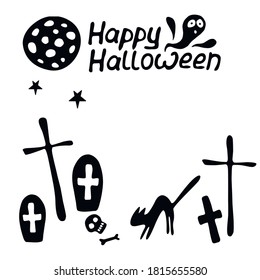 Happy Halloween. Vector background of cemetery with graves, tombstones, crosses, bones, Ghost, bat, black cat. Primitive silhouettes isolated on white background. Set of flat design elements