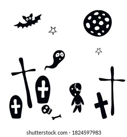 Happy Halloween. Vector background of cemetery with graves, tombstones, crosses, bones, Ghost, zombie, bat. Primitive silhouettes isolated on white background. Set of flat design elements
