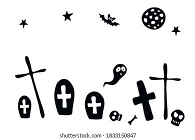Happy Halloween. Vector background of cemetery with graves, tombstones, crosses, bones, Ghost, bat. Primitive silhouettes isolated on white background. Set of flat design elements
