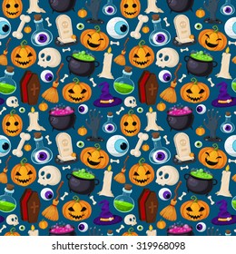 Happy Halloween vector background. Halloween collections for your design. Set of cute halloween elements. Funny and creepy seamless pattern background.