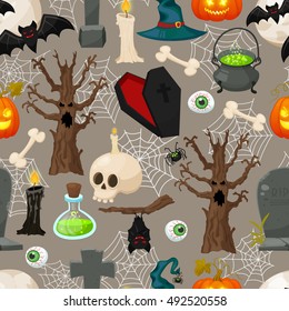 Happy Halloween vector background. Halloween collections for your design. Set of cute halloween elements. Funny and creepy seamless pattern background.