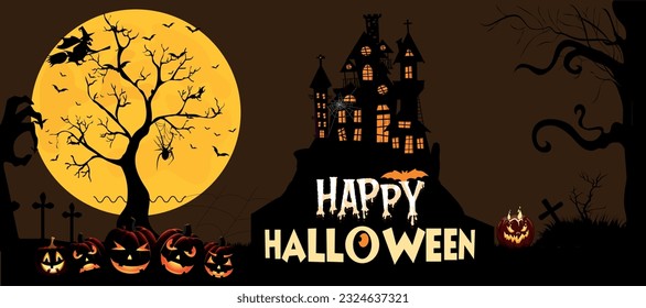 Happy Halloween vector background design with glowing pumpkin and dark night landscape of a graveyard under the moonlight, trees, and plakat.