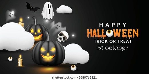Happy Halloween Vektor Hintergrund Design mit Mond, Kürbisse, Geister, Schädel und Fledermäuse. Schwarze Farbe Halloween Party Feier Social Media Banner Design Vektor mit spukenden Elementen. Ein unheimliches Poster.