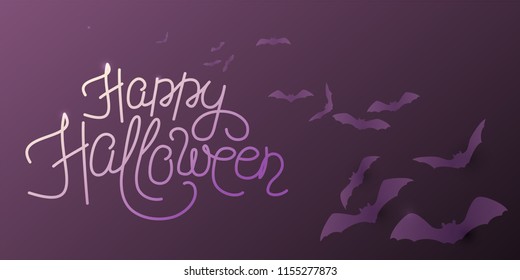 Happy Halloween vector background with flying bats at night sky.
