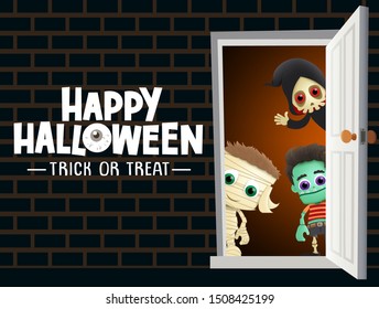 Happy halloween vector background greeting. Happy halloween trick or treat greeting text in wall with empty space for message and scary halloween characters inside like  mummy grim reaper and zombie.