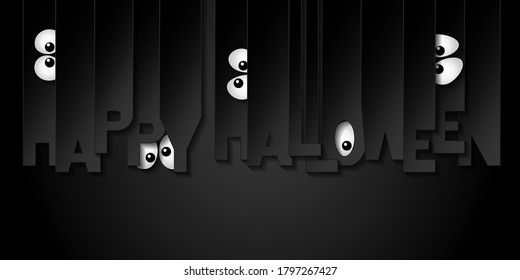 Happy Halloween vector background with letters cut out of black paper and with eyes. 
