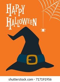 Happy Halloween vector background. Halloween postcard, poster or banner design with witch hat