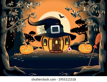 Happy halloween vector background for poster or invitation with folge witch house standing in dark forest