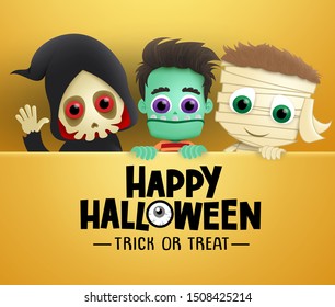Happy halloween vector  background template. Happy halloween trick or treat greeting text with three scary characters of grim reaper, zombie and mummy with empty space for message in yellow background