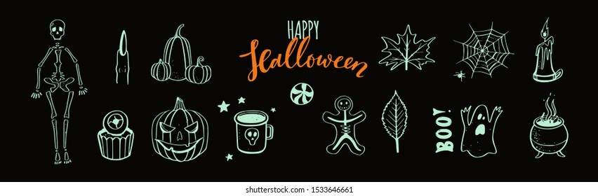 Happy Halloween vector background template. Flat banner  autumn holiday congratulations elements: pumpkin, ghost, skeleton, spider. Handwritten typography